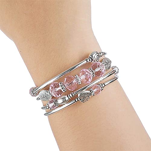 PEARL&CLUB Bead Crystal Wrap Bangle Bracelet - Fashion Jewelry Beaded Bracelet with Silver Metal, Gifts for Women(23-Pink) - Image 3