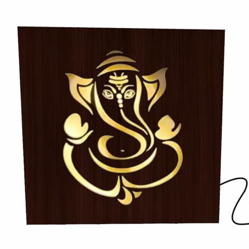 Image of Glamorous Creation Ganesha Theme Wooden LED Table Lamp (25cm, Brown)