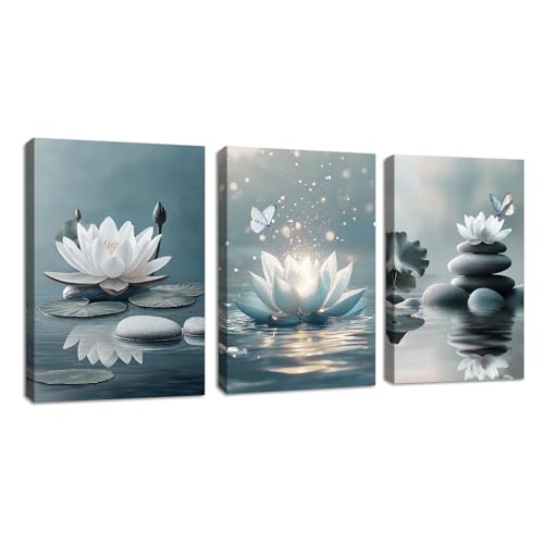 3 Pcs Bleu Gris Zen Méditation Tableau Décoration Murale Salon Impression sur Toile Blanc Lotus...
