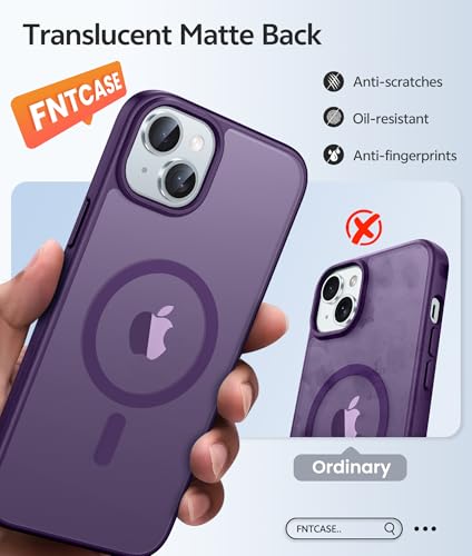 Image of FNTCASE for iPhone 15 Case: for iPhone 14 Case & iPhone 13 Case [Compatible with Magsafe] Translucent Matte Cases with [Screen Protector] Military Grade Shockproof Protective Phone Cover - Purple