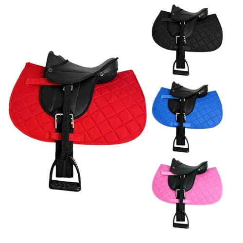 Brama West Holzpferd Sattel Set „My Happy Pony“ | Sattel für Shetty Pony Holzpferd Plüschpferd | mit Satteldecke, Sattelgurt, Steigbügel & Steigbügelriemen | Zweifarbig Decke Rot/Sattel Schwarz