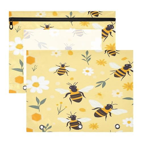 IHCVHQX A4 Binder Pouches 2 Pack Bumblebees and Honeycomb Pencil Pouch for 3 Ring Binder Zipper Document Bags with Clear Window for School Office Supplies