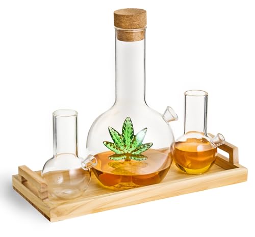 Godinger Whiskey Decanter, Green Leaf Whiskey Decanter with Whiskey Glasses, Shot Glasses, Whiskey Gifts
