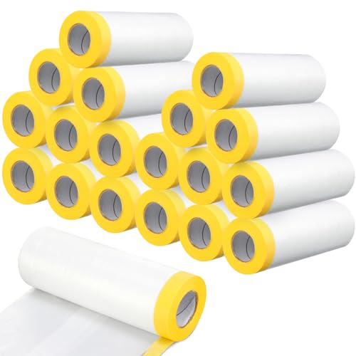 Image of Seajan 18 Roll Painters Plastic with Tape Pre Taped Masking Film for Painting Automotive Paint Adhesive Protective Film Masking Tape Roll Plastic Painting Covering (White,5 x 65 Ft)