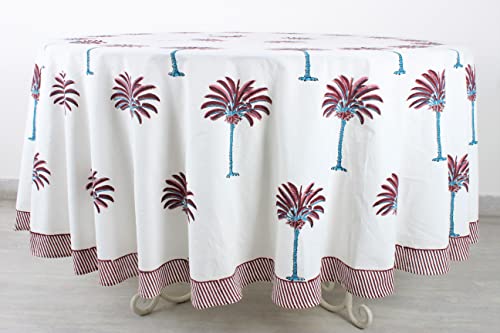 Ridhi Round Tablecloth Hand Block Print 100% Cotton Reusable Red Palm 60 Inch Table Cover Decorative Everyday Use for Dining, Home, Party, Wedding, Farmhouse, Party Gift for Spring, Mother's Day by Ridhi - Used condition - Image 3