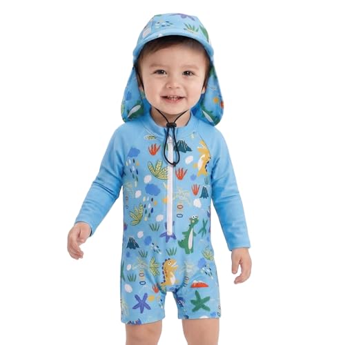 Supcomsta Baby Boys One Piece Swimsuit with Hat, Zip Front Toddler Swimwear UV Sun Protection Rash Guard Swimsuit for Infants Kids (UK, Age, 18 Months, 24 Months, Blue)