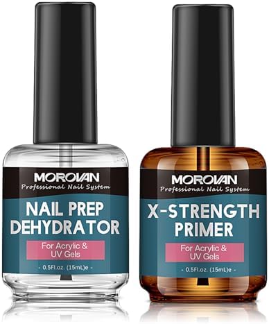 Morovan Nail Prep Dehydrate and Primer X-strength, No Burn Non Acid Nail Primer and Dehydrator for Acrylic Powder Fast Dry 0.5oz