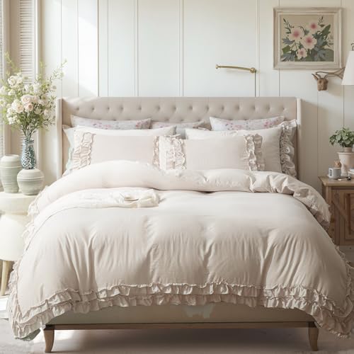 Bedorm Beige Duvet Cover Twin Shabby Chic Bedding Soft Breathable Washed Microfiber Ruffle Duvet Cover Coquette Cute Comforter Cover Girls Women