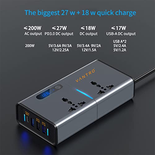 Vantro 200W Car Power Inverter/Laptop Charger with 3 USB (6.2A Max) & 1 C Type(1 * 27WPD) Smart USB Ports, 2 AC Universal Outlets and 12V DC to 220V AC with QC3.0 Model P2 view 2