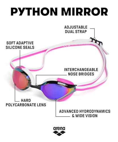 Image of ARENA Unisex Python Racing Swim Goggles for Men and Women Anti-Fog No Leak Max Comfort Dual Strap, Mirror /Non-Mirror Lens