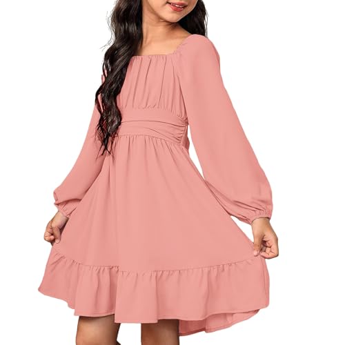 Mjjsk Vestido de festa para meninas, elegante vestido de outono de manga comprida com folhos nas costas, vestido de princesa, casamento, aniversário, vestido casual liso para meninos, ROSA