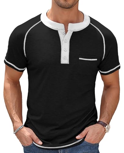 KUYIGO Mens Henley Short Sleeve T Shirt Casual Button Basic Tee Shirts Summer with Pocket