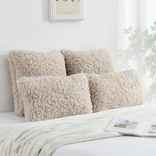 FUTEI Beige Decorative Throw Pillow Covers 20x20 Inch Set of 2,Soft Fluffy Faux Wool Fur Boucle Textured Cushion Case,Modern Home Decor for Couch Bed Living Room Office