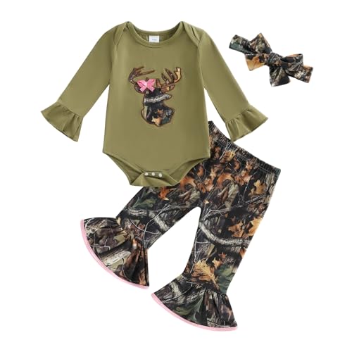 Image of Fuethsuy Newborn Baby Girl Hunting Clothes Deer Long Sleeve Romper Jungle Camo Flare Pants Set 3 Piece Fall Winter Outfit