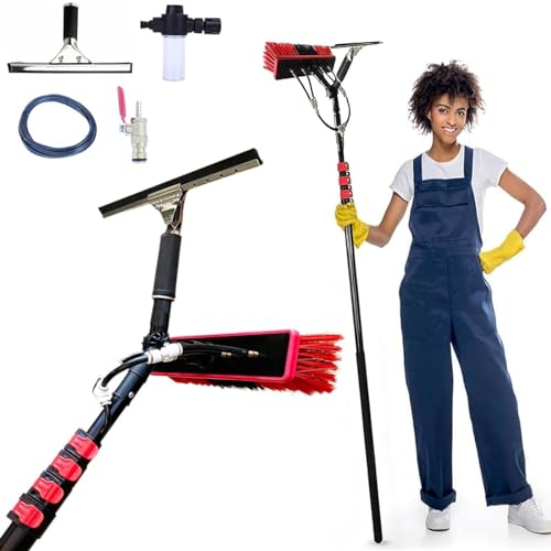 Brosse télescopique de 3,6 à 10,8 m pour nettoyage des vitres et raclette lave-vitre haut