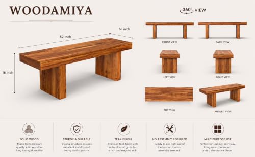 Image of Strong & Durable Solid Wood Bench for Home, Office & Waiting Area | Multipurpose Bench with Comfortable Seating | Up to 320 kg Seating Capacity | Teak Finish | 52 x 16 x 18 Inch | Easy DIY