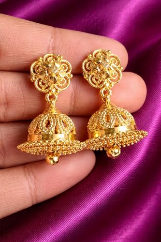 Image of Sangara Jimikki Earrings Traditional Gold Plated Jhumka for Women | Copper Made Ball Drop Jhumkas | Daily Wear Ethnic Earrings for Girls & Ladies | Lightweight Temple Style Jewellery (Gold)
