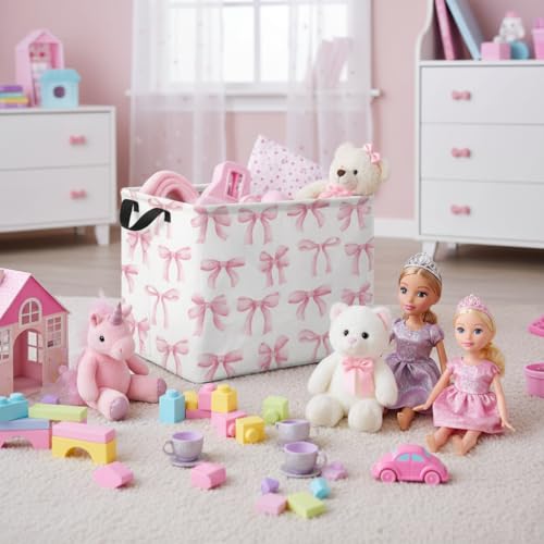 Image of Rectangular Baby Kids Storage Basket for Home Kitchen Girls Cute Toy Storage Bin Organizer Shelf Book Room Decor(Bowknot)