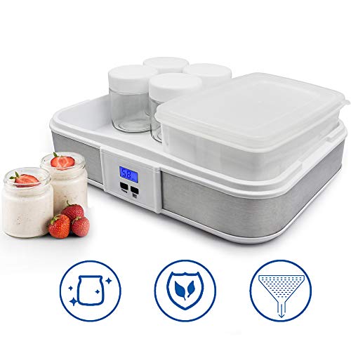 Sotech - Maquina para Hacer Yogur Casero, Yogurtera, tazón de yogur con colador y 6 tazas, con temporizador, 30,6 x 25 x 12,4 cm, Blanco, Capacidad por frasco: 0,21 L, Potencia: 21,5 W