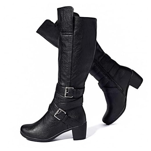 Ruiee Botas Femininas De Cano Alto Com Salto Grosso E Bico Fino, Confortáveis Modernas Para O Outono Inverno. 230303, Pretas, Em Couro Sintético, Tamanho 8,5.
