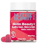 Nutriburst Biotin Beauty+ with 2500mcg Biotin, Iodine, Folic Acid, & Vitamins B6, B12, D3 • Support Healthy Hair, Skin & Nails • Sugar Free • Vegan • Halal • Mixed Berry Flavour • 30 Gummies