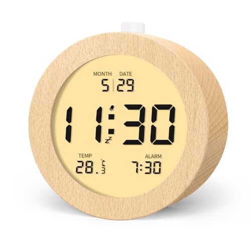 aboveClock Digital Alarm Clock, Wooden Alarm Bedside Clock with Temperature and Date LCD Display, Snooze Function, Backlight, 3 AAA Battery Operated (Batteries Not Included)