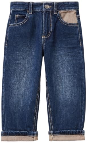 denim straight con dettagli in tessuto spina di pesce in contrasto, logo ricamato su tasca dietro bottone logato