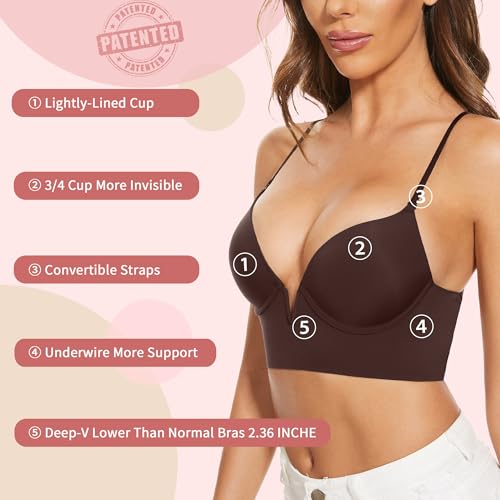 Image of Low Back Bras-Seamless Deep-V Plunge Invisible Backless Bra-Underwire Lightly Lined Halter Multiway Low Cut Bra