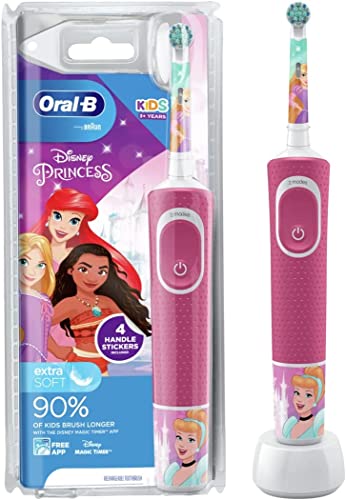 Oral-B Kids Electric Toothbrush, Kids Gifts, 1 Toothbrush Head, x4 Disney Princess Stickers, 2 Modes with Kid-Friendly Sensitive Mode, For Ages 3+, 2 Pin UK Plug, Pink