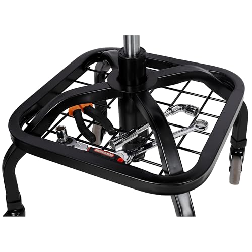 Image of PU Leather Rolling Mechanic Stool, Adjustable Height, Padded Seat with Backrest, with Wheels and Storage Basket, for Garage, Workshop, Home