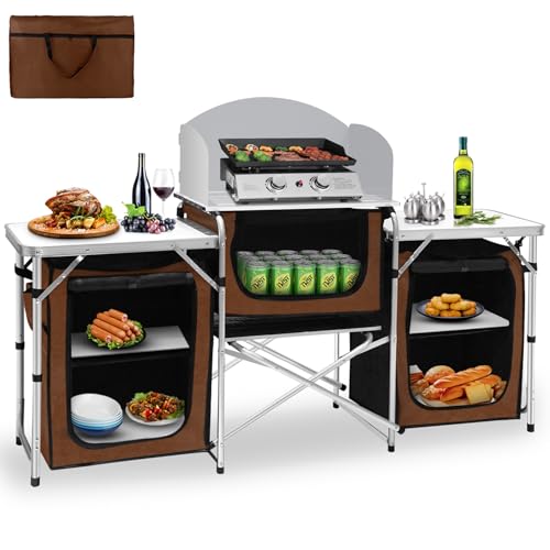 Seeutek Camping Kitchen Table, Aluminum Portable Outdoor Cooking Table, Foldable Camp Table with Windscreen and 3 Storage Cupboards Multifunctional for BBQ, Party, Picnics & Outdoor Brown