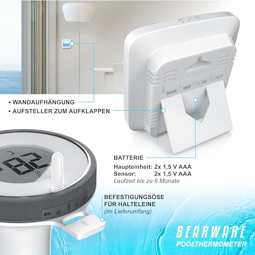 CSL - Funk Poolthermometer digital – Basisstation mit Schwimmer – Wassertemperatur Innentemperatur Luftfeuchtigkeit - DCF Uhrzeit – Pool Thermometer schwimmend