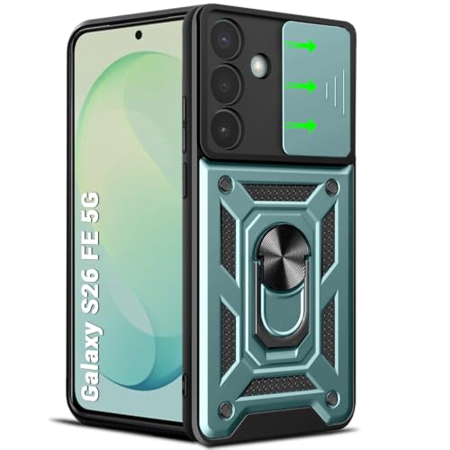 Image of TheGiftKart Tough Armor Bumper Back Cover Case for Samsung Galaxy S26 FE 5G | Sliding Camera Cover, KickStand & Ring Holder | 360 Degree Protection Back Cover Case for Samsung S26 FE (PC & TPU, Green)