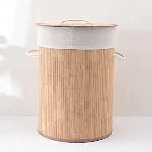 Kuber Industries Bamboo Basket With Lid|Foldable Laundry Basket For Clothes|Durable Rope Handles & Removable Bag (Natural)