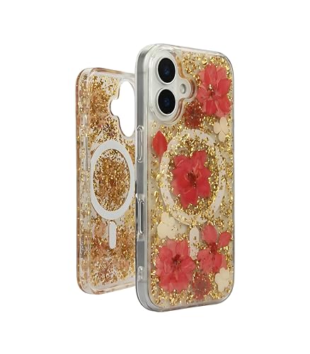 Image of Mag Flower Series Case for iPhone 16 Compatible with Wireless Charging | Real Dried Flower Embedded Design | Slim Transparent Shockproof Back Cover | Red Edition