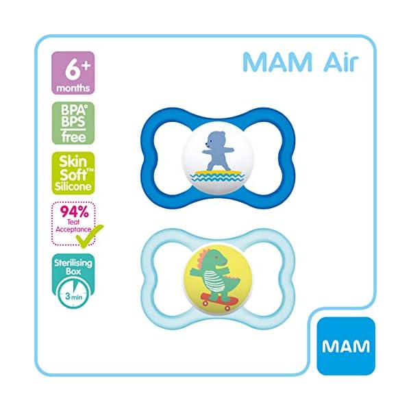 MAM Air Soothers 6+ Months (Pack of 2), Baby Soothers with Sterilisable Travel Case, Baby Essentials, Blue (Designs May… – Bild 3