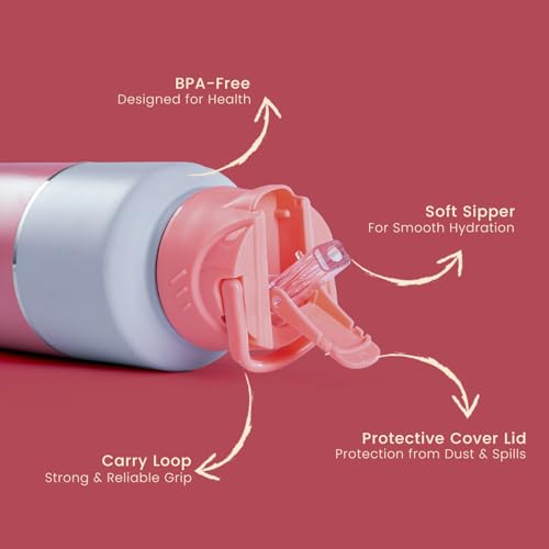 Image of Perch Magic Stainless Steel Water Bottle 1 Ltr | ISI Certified | Single Wall Fridge Bottle | Dual Cap & Straw Cleaner | BPA Free | for Travel, Gym, School & Home | Pink | Crafted by Pexpo