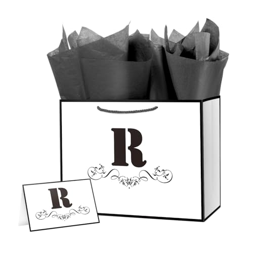 ysmile Letter Gift Bag with Tissue Paper for Men 12" Large White Black Bag for Birthday Personalized Monogrammed Anniversary - Single R
