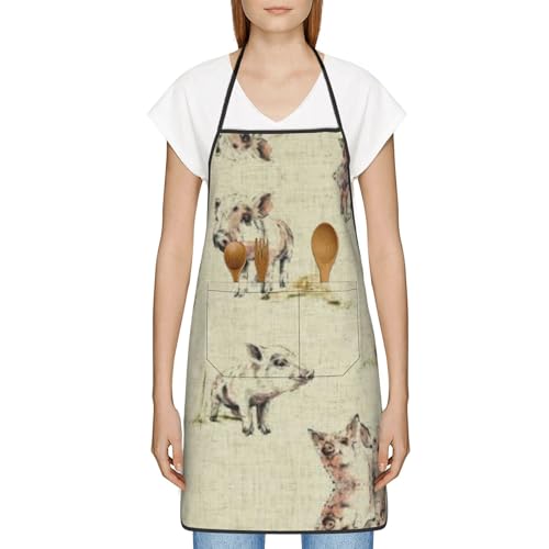 Beecodek Delantal elegante con estampado de fondo de cerdo con bolsillos, resistente a las manchas, impresión de ancho completo, diseño de borde de bloqueo, perfecto para varios escenarios, Fondo de