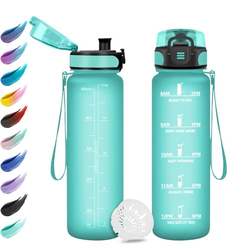 Trinkflasche 500ml, Wasserflasche mit Filte, Sport Trinkflaschen Kohlensäure Geeignet,mit Zeitmarkierungen, Auslaufsicher für Picknick, Schule, Junge, Mädchen, Büro