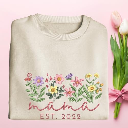 Personalized Floral Embroidered Mama Sweatshirt, Custom Gift for Mom, Elegant Spring Flower Mom Sweater, Floral Mama Crewneck Pullover Multi3