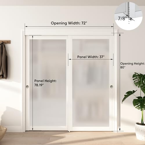 Sliding Closet Door 72"(Double 37") x 80", Full-Lite Frosted Glass Closet Door with Hardware Kit & Matching Fascia, Sturdy Solid Wood & MDF with Water-Proof PVC Surface, Pre-Drilled - Image 5