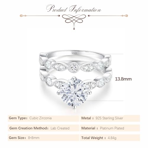 2CT Solitaire Cubic Zirconia Promise Engagement Ring For Women 925 Sterling Silver, Simulated Diamond 14k White Gold Plated CZ Stackable Rings For Her, Marquise Wedding Band Bridal Ring Set2