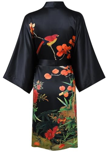 Image of Women's Silk Kimono Robe Short Bathrobe Nightgown 100% Mulberry Silk for Women - Classic Floral Pattern