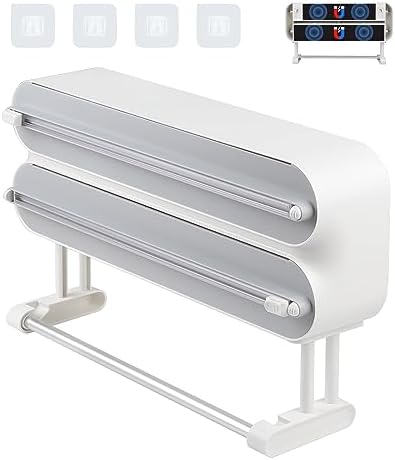 DBREAKS Wandrolhouder keuken 3-in-1 vershoudfoliedispenser, keukenrolhouder magnetisch, vershoudfolie snijder, aluminiumfolie dispenser, papierrolhouder, foliedispenser