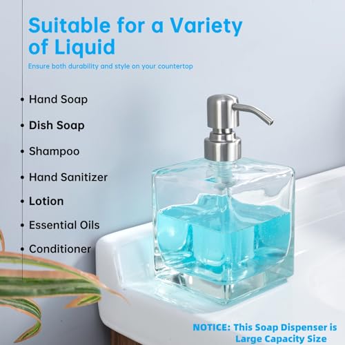 Image of Square Bathroom Soap Dispenser Brushed Nickel, Large Capacity 16.9 oz Glass Bottles with Stainless Steel Pump Retangle Cube Liquid Soap Dispenser Kitchen