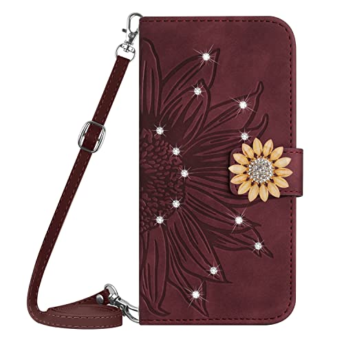 Housse portefeuille iPhone 12 Pro en cuir pailleté vin rouge avec finitions premium
