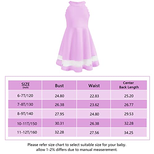Girls Cold Shoulder Scalloped Sleeve Fancy Sundress Halter Party A-Line Mesh Tiered Hem Dresses (Purple, 8-9Y) #TOP6