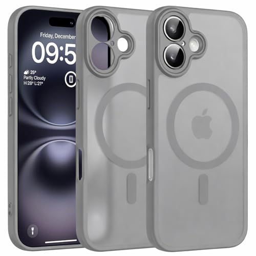 Image of Elzzi Compatible with iPhone 16 Plus Case, MagSafe Compatible Magnetic Translucent Matte Back Cover, Shockproof Slim Protective Case with Camera Lens Protection, Anti-Fingerprint, Grey