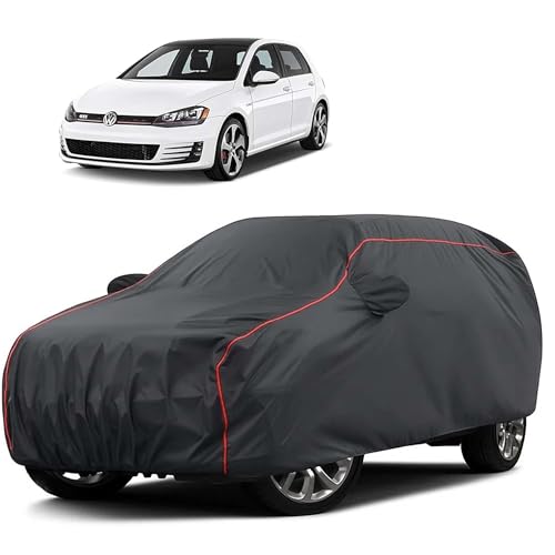 Image of Sulfar 100% Water Resistant Car Body Cover Compatible with Mirror for Volkswagen GTI (Triple Stitched, Full Bottom Elastic, Dark Grey Taffeta with Red Piping)